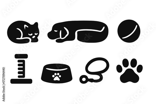 Comfort Pets Icons. Solid, filled icon set of comfort pets: cat curled up, dog sleeping, pet bed, ball toy, scratching post, food bowl, leash, paw print.
