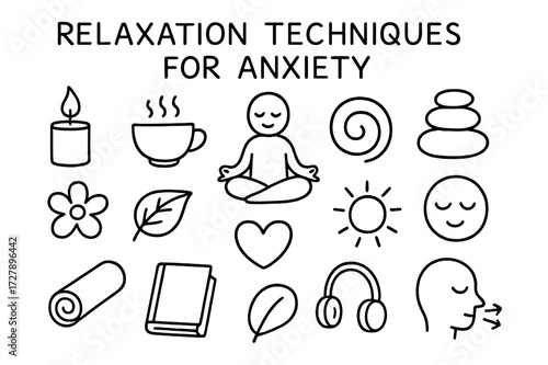 Anxiety Relaxation Doodles. Hand-drawn doodle illustration Relaxation techniques for anxiety [candle, teacup, lotus pose figure, spiral, pebble stack, flower,