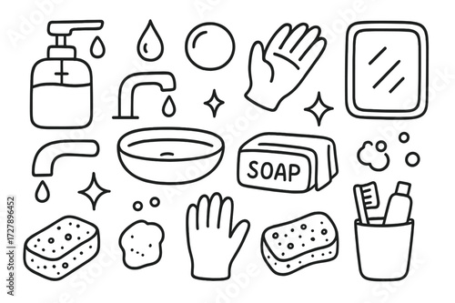 Bathroom Essentials Doodle. Hand-drawn doodle illustration Liquid soap pump dispenser bottle, nozzle, droplet, bubble, hand, towel, faucet, sink, soap bar,