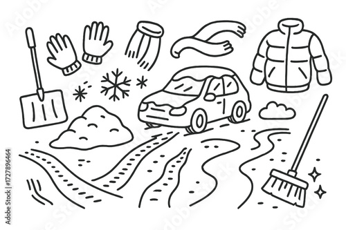 Winter Snow Clearing. Hand-drawn doodle illustration Clearing driveway shovel, snow pile, car, tire tracks, snowflake, gloves, boots, scarf, jacket, broom,