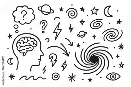 Vanishing Thoughts Doodle. Hand-drawn doodle illustration vanishing thoughts into void black hole, spiral, stars, moon, planets, arrows, human head, brain,