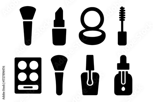 Cosmetic Icon Set. Solid, filled icon set of cosmetic application: foundation brush, lipstick, compact powder, mascara wand, eyeshadow palette, blush brush,