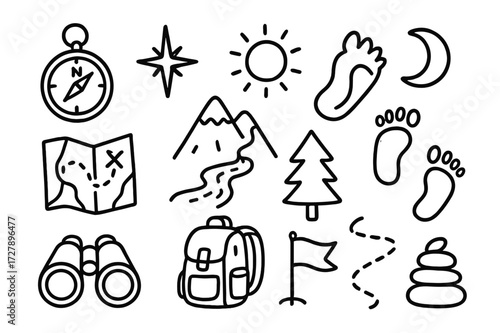 Adventure Icons Doodle. Hand-drawn doodle illustration Navigation survival compass, north arrow, map, mountain, river, star, sun, moon, tree, footprint,
