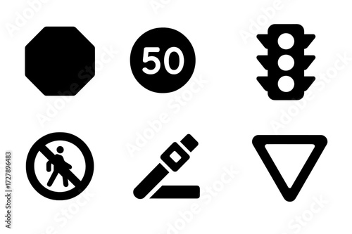Traffic Icon Set. Solid, filled icon set of traffic rules: stop sign, speed limit, pedestrian crossing, traffic light, no parking, seatbelt, road barrier,