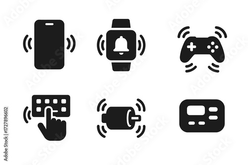 Technology Vibration Icons. Solid, filled icon set of vibration in technology: smartphone vibration, smartwatch alert, haptic feedback, game controller,