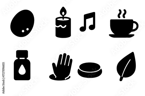 Anxiety Relief Icons. Solid, filled icon set of anxiety relief items: stress ball, calming candle, music notes, cup of tea, essential oil bottle, massage hand,