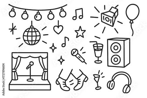Dance Party Doodles. Hand-drawn doodle illustration Party lights on dance floor [string lights, disco ball, strobe light, music note, heart, star, sparkle,