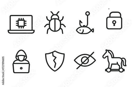 Cybersecurity Icon Set. Outline icon set of cybersecurity threats: malware, virus, phishing, ransomware, hacker, data breach, spyware, trojan. Line icons in