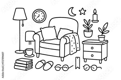 Cozy Night Reading. Hand-drawn doodle illustration cozy night reading armchair, lamp, blanket, stack of books, slippers, cup, pillow, clock, plant, glasses,