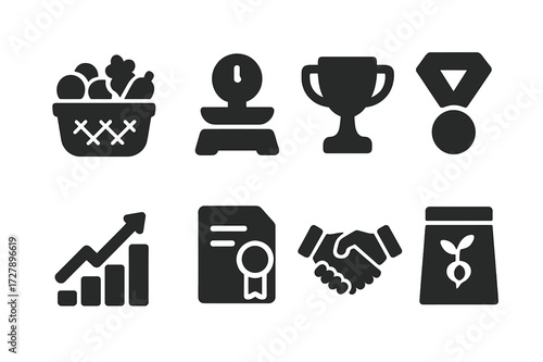 Crop Yield Icons Grid. Solid, filled icon set of crop yield: basket of produce, weighing scale, trophy, medal, chart upward, certificate, handshake, seed