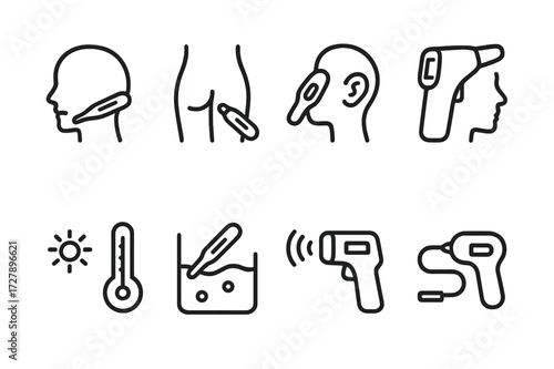 Thermometer Icon Set. Outline icon set of thermometer measurement methods: oral, rectal, ear, forehead, ambient air, liquid temperature, infrared scanning,