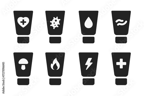 Ointment Icon Set. Solid, filled icon set of ointment types: healing ointment, antibiotic ointment, moisturizing cream, anti-itch cream, antifungal ointment,