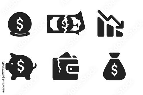 Inflation Impact Icons. Solid, filled icon set of inflation impact: deflating coin, broken cash stack, sinking arrow, falling chart, cracked piggy bank,