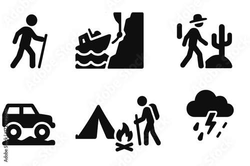 Reckless Adventure Icons. Solid, filled icon set of reckless adventure: unprotected hike, rough sea boat, mountain climbing, desert crossing, off-road vehicle,