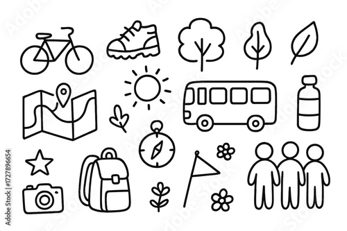 Eco-Friendly City Exploration. Hand-drawn doodle illustration eco-friendly city tour bicycle, walking shoes, bus, map, compass, water bottle, tree, sun, leaf,