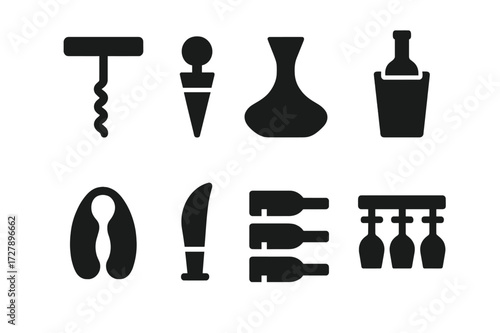 Wine Accessories Icons. Solid, filled icon set of wine accessories: corkscrew, wine stopper, decanter, wine cooler, foil cutter, wine aerator, wine rack, glass