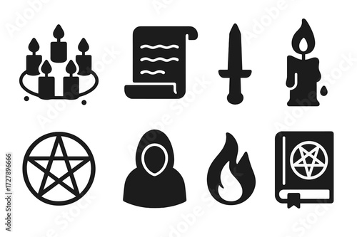 Fear Ritual Icons. Solid, filled icon set of fear-based rituals: circle of candles, chant scroll, ritual dagger, dripping wax, pentagram, robed figure, black