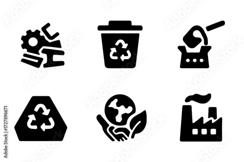 Zinc Recycling Icon Set. Solid, filled icon set of zinc recycling: scrap metal, recycling bin, metal shredder, melting furnace, recycled ingot, sustainability,