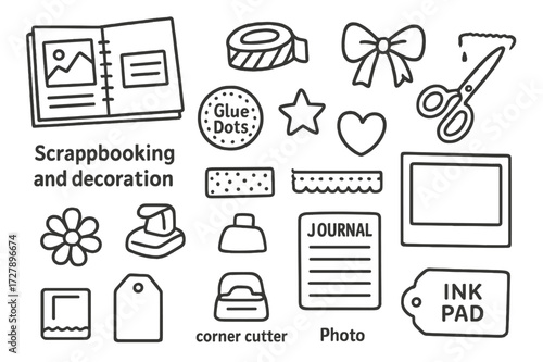 Scrapbooking Essentials Icons. Hand-drawn doodle illustration Scrapbooking and decoration [scrapbook, washi tape, glue dots, scissors, cut-out shapes, bow,