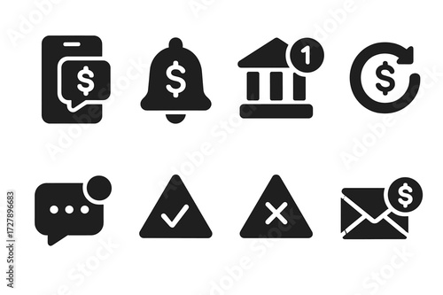 Deposit Notifications Icons. Solid, filled icon set of deposit notifications: mobile alert, bell with dollar sign, bank app push notification, status update
