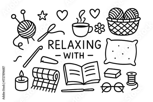 Knitting Doodle Delight. Hand-drawn doodle illustration Relaxing with knitting and crochet [yarn ball, knitting needles, crochet hook, basket, cup, pillow,