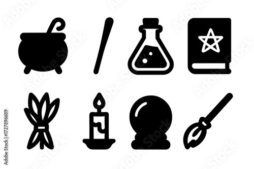 Witchcraft Icon Collection. Solid, filled icon set of witchcraft cauldron tools: cauldron, stirring stick, potion vial, spell book, herbs bundle, candle,