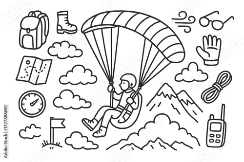 Paragliding Adventure Doodles. Hand-drawn doodle illustration [Paragliding over clouds] [paraglider, harness, helmet, boot, cloud, ridge, mountain, wind