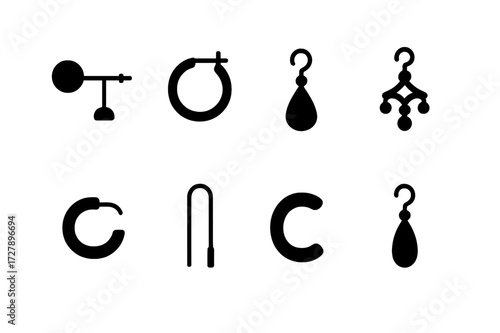 Earring Icon Collection. Solid, filled icon set of earring types: stud earring, hoop earring, drop earring, chandelier earring, huggie earring, threader