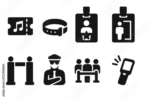 Concert Access Icons. Solid, filled icon set of concert tickets and access: ticket stub, wristband, VIP pass, backstage pass, entrance gate, security, line