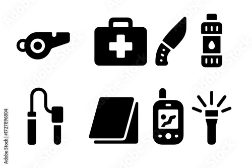 Trail Safety Essentials. Solid, filled icon set of trail safety and survival: emergency whistle, first aid kit, survival knife, water purifier, fire starter,