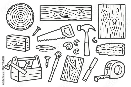 Woodworking Doodle Icons. Hand-drawn doodle illustration [Wood texture and grains] [tree ring slice, plank, wooden board, nail, saw, hammer, wood chips, grain