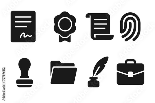 Testament Elements Icons. Solid, filled icon set of testament elements: signed paper, wax seal, legal scroll, fingerprint, lawyer?s stamp, document folder,