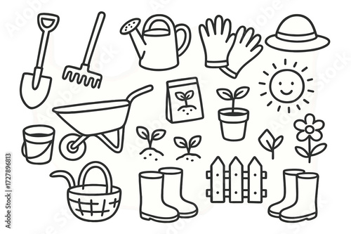 Gardening Tools Doodle. Hand-drawn doodle illustration gardening tools shovel, rake, watering can, gloves, wheelbarrow, bucket, basket, seeds, sprouts, potted