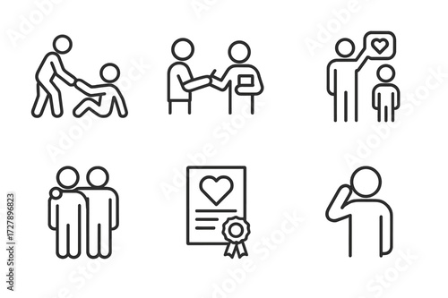 Kindness School Icons. Outline icon set of kindness in school: helping classmates, sharing supplies, group work, encouragement, teacher support, buddy system,