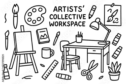 Artists' Workspace Icons. Hand-drawn doodle illustration Artists' Collective Workspace [easel, paintbrush, palette, sketchbook, pencil, canvas, chair, desk,