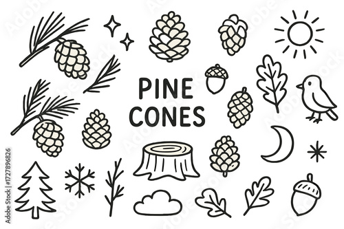 Pine Cones Doodle. Hand-drawn doodle illustration Pine Cones [pine cone, branch, needles, leaf, star, sparkles, tree, stump, acorn, twig, cloud, sun,