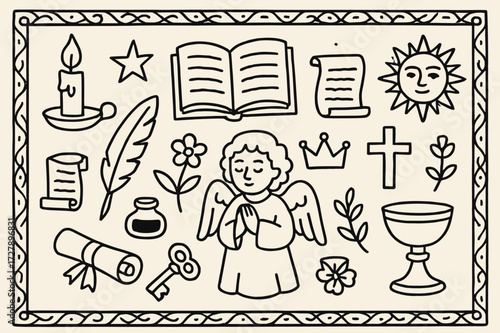 Illuminated Manuscript Doodles. Hand-drawn doodle illustration Illuminated manuscripts candle, book, parchment, quill, ink pot, star, sun, cross, decorative