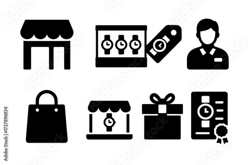 Watch Retail Icon Set. Solid, filled icon set of watch retail: storefront, display case, price tag, sales assistant, shopping bag, online store, gift box,