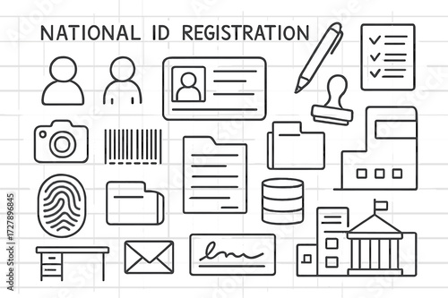 ID Registration Icons. Hand-drawn doodle illustration [national ID registration] [ID card, citizen icon, pen, checklist, stamp, document folder, barcode,