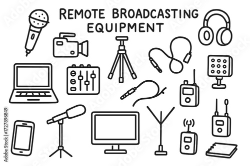 Broadcast Equipment Doodle. Hand-drawn doodle illustration [Remote broadcasting equipment] [microphone, camera, tripod, headphones, laptop, mixer, audio cable,