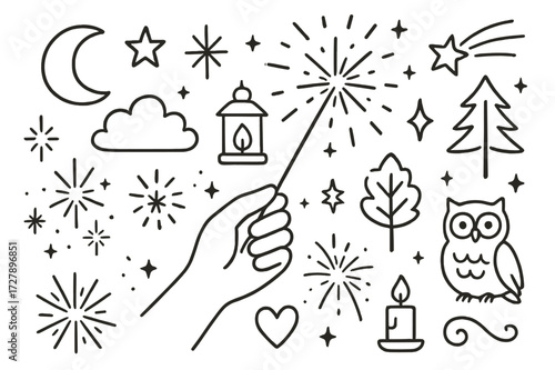 Sparkler Night Icons. Hand-drawn doodle illustration Sparkler Night [sparkler, moon, star, sparkle, burst, cloud, firework, lantern, hand, tree, heart,