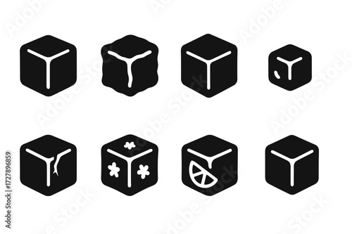 Ice Cube Icon Set. Solid, filled icon set of ice cube variations: clear ice cube, cloudy ice cube, large cube, small cube, cracked ice, decorative ice,