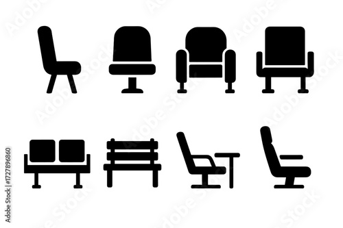 Public Seating Icons. Solid, filled icon set of public seating: bus seat, stadium seat, movie theater seat, auditorium seat, waiting room bench, park bench,