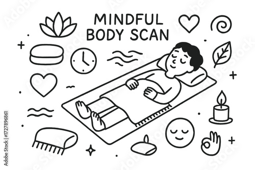 Mindful Body Scan Doodle. Hand-drawn doodle illustration Mindful body scan person lying on mat, closed eyes, cushion, lotus flower, heart, clock, spiral,