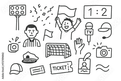 Live Match Doodle. Hand-drawn doodle illustration [Live match atmosphere] [stadium lights, cheering fan, team flag, scoreboard, confetti, announcer mic,
