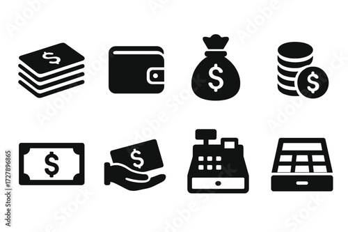 Cash Handling Icons. Solid, filled icon set of cash handling: cash stack, wallet, money bag, coin pile, dollar bills, hand giving cash, cash register, cash