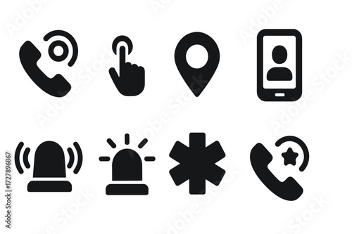 Emergency Icon Set. Solid, filled icon set of call emergencies: SOS call, emergency button, location sharing, emergency contacts, alarm, siren, medical alert,