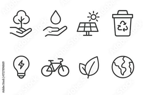Eco Responsibility Icons. Outline icon set of environmental responsibility: tree planting, water conservation, solar panel, recycling bin, energy saving, bike