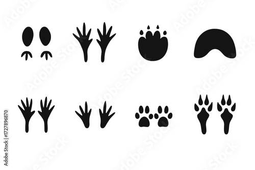 Small Mammal Tracks. Solid, filled icon set of small mammal tracks: mouse footprints, squirrel tracks, hedgehog prints, mole tunnel, chipmunk tracks, shrew