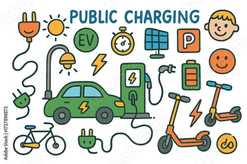 Electric Vehicles Charging. Public charging. Colorful Hand-drawn doodle Children illustration Charging pole, electric car, bicycle, scooter, plug, cable,